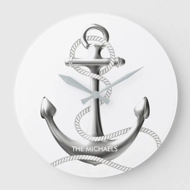 Silver anchor nautical wall clock Personalized Zazzle