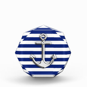 Silver Anchor on Navy Blue Stripes Acrylic Award