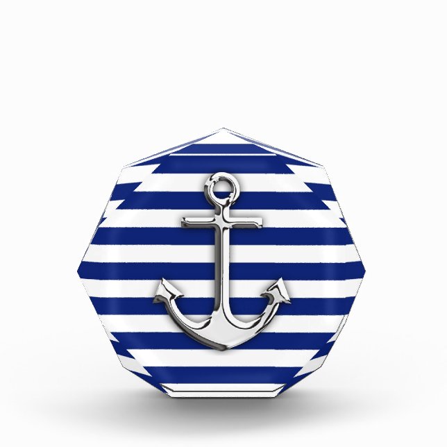 Silver Anchor on Navy Blue Stripes Acrylic Award (Front)