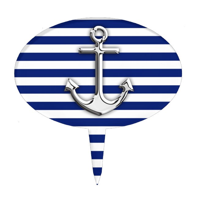 Silver Anchor on Navy Blue Stripes Cake Topper (Front)