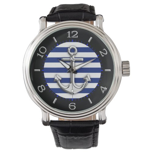 Silver Anchor on Navy Blue Stripes Dial Watch