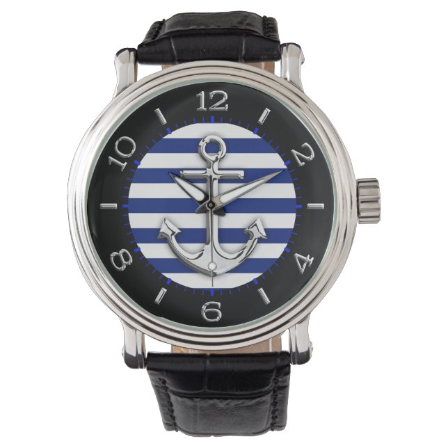 Silver Anchor on Navy Blue Stripes Dial Watch (Front)