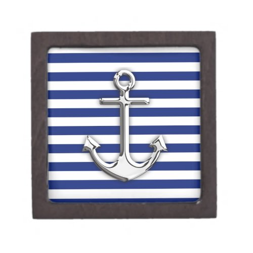 Silver Anchor on Navy Blue Stripes Gift Box