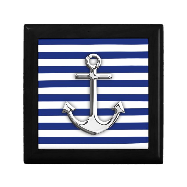 Silver Anchor on Navy Blue Stripes Gift Box (Front)