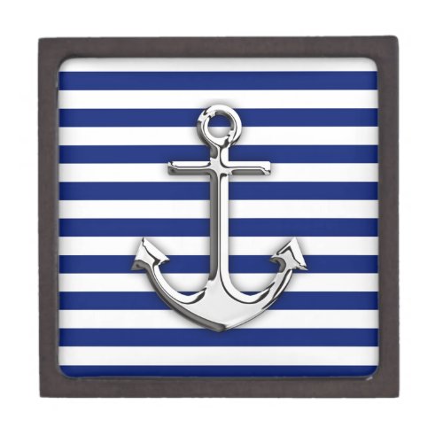 Silver Anchor on Navy Blue Stripes Jewelry Box