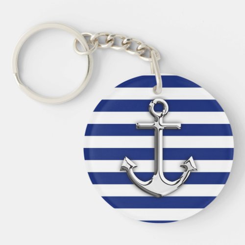 Silver Anchor on Navy Blue Stripes Keychain