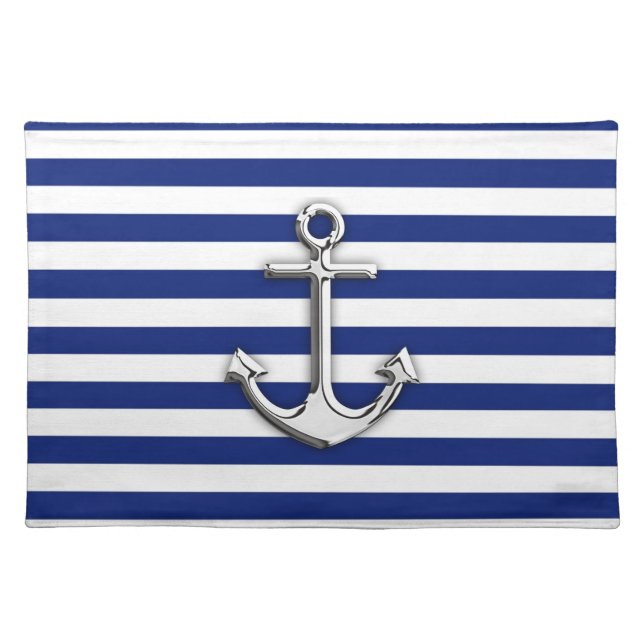 Silver Anchor on Navy Blue Stripes Placemat (Front)