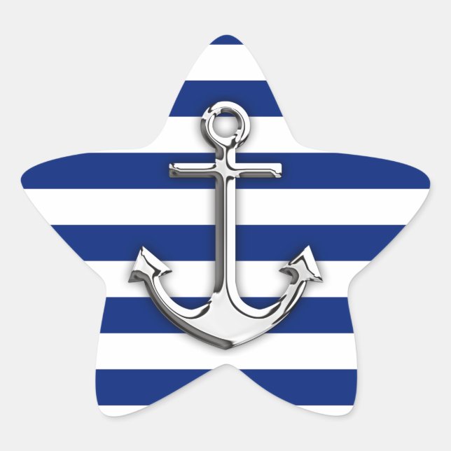 Silver Anchor on Navy Blue Stripes Star Sticker (Front)