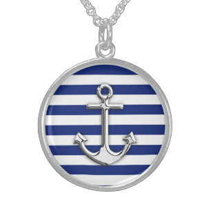 Silver Anchor on Navy Blue Stripes Sterling Silver Necklace