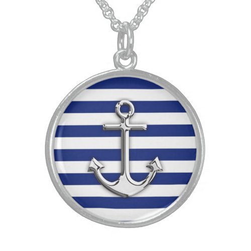 Silver Anchor on Navy Blue Stripes Sterling Silver Necklace