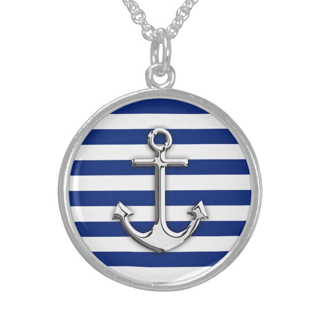 Silver Anchor on Navy Blue Stripes Sterling Silver Necklace (Front)