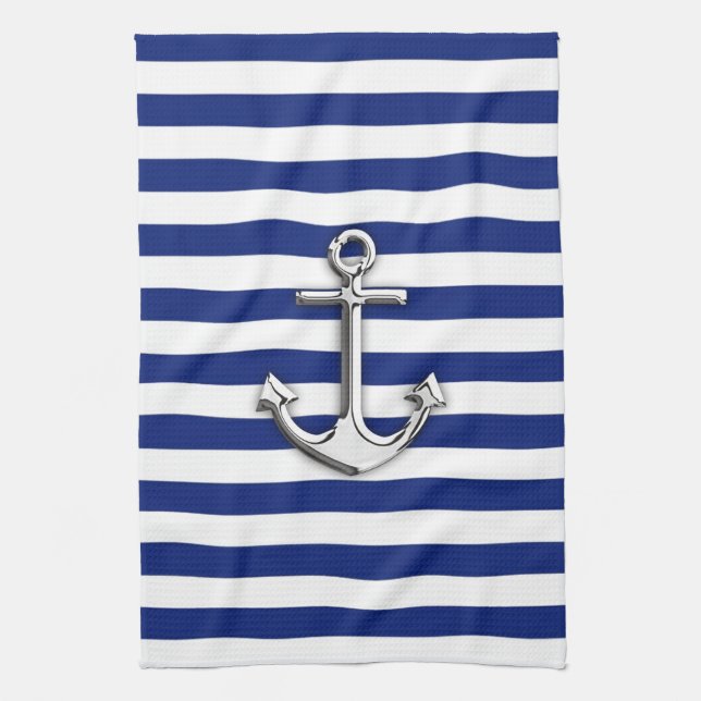 Silver Anchor on Navy Blue Stripes Towel (Vertical)