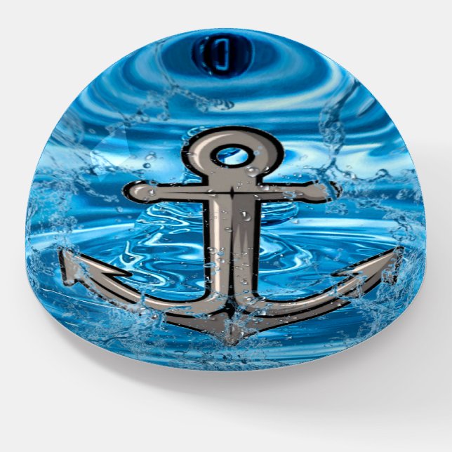 Silver Anchor On Splashing Water Paperweight (Angled)