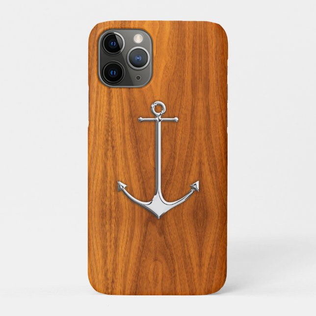 Silver Anchor on Teak Veneer Nautical Lifestyle Case-Mate iPhone Case (Back)