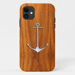 Silver Anchor on Teak Veneer Nautical Lifestyle iPhone 11 Case