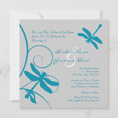 Silver and Aqua Blue Dragonfly Wedding Invitation