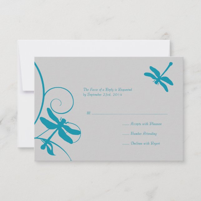 Silver and Aqua Blue Dragonfly Wedding RSVP (Front)