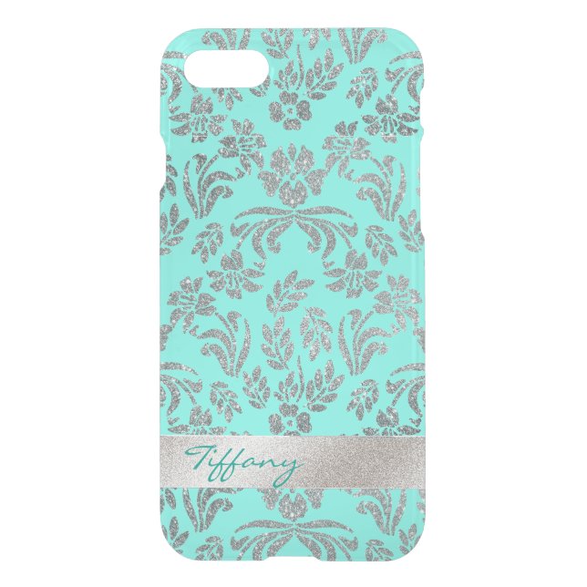 Silver and Aqua Floral Damask Clear iPhone 7 Case (Back)