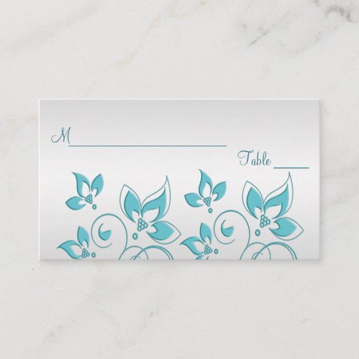 Customizable Silver and Aqua Floral Placecards Business Card Template