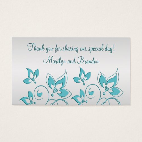 Silver and Aqua Floral Wedding Favor Tag Business Card