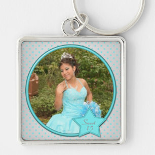 Silver and Aqua Polka Dot Quinceanera Keychain