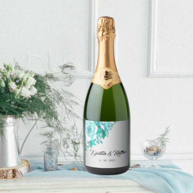 Silver and Aqua Rose Wedding Sparkling Wine Label (Creator Uploaded)