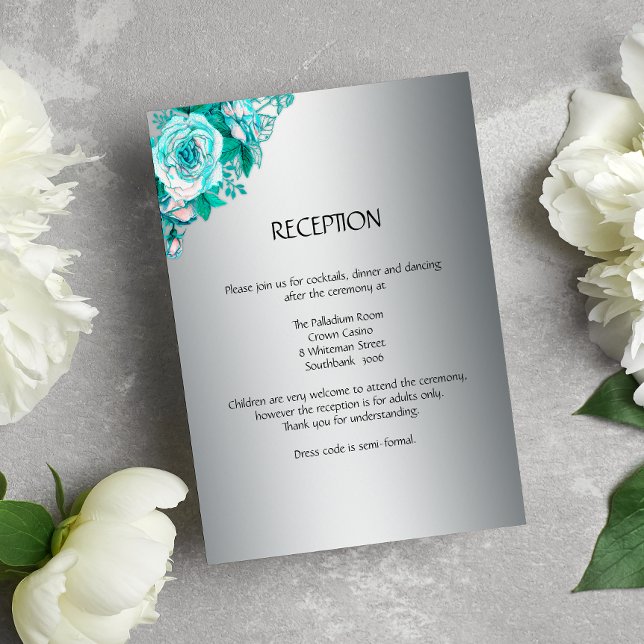 Silver and Aqua Roses Wedding Reception Card (Creator Uploaded)