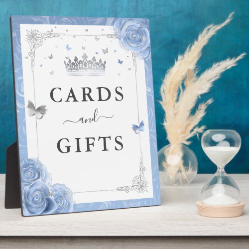Silver and Baby Blue Roses Cards and Gifts Sign Plaque