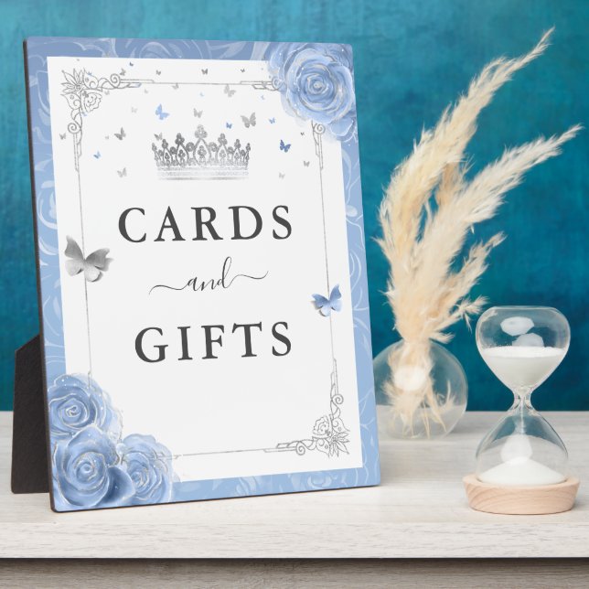 Silver and Baby Blue Roses Cards and Gifts Sign Plaque (Side)