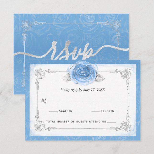 Silver and Bahama Blue Roses Elegant RSVP Card (Front/Back)