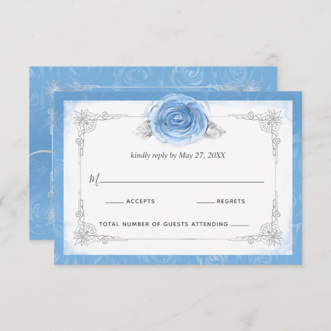 Silver and Bahama Blue Roses Elegant RSVP Card (Front/Back)