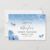 Silver and Bahama Blue Roses Elegant Save The Date (Front)