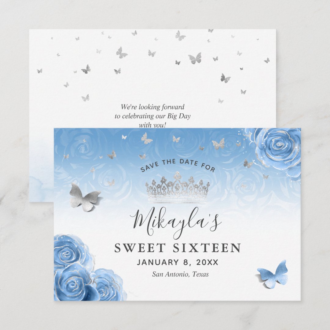 Silver and Bahama Blue Roses Elegant Save The Date | Zazzle