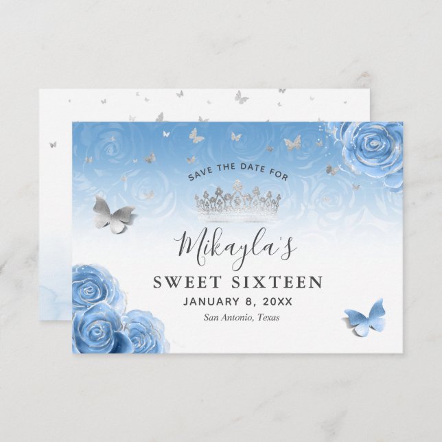 Silver and Bahama Blue Roses Elegant Save The Date (Front/Back)