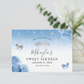 Silver and Bahama Blue Roses Elegant Save The Date (Standing Front)