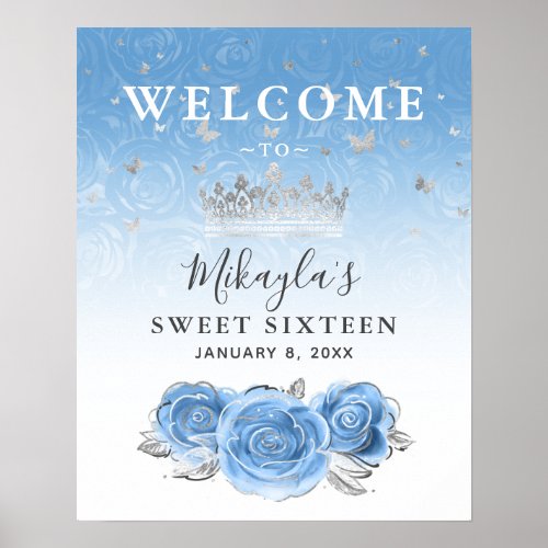 Silver and Bahama Blue Roses Welcome Party Poster