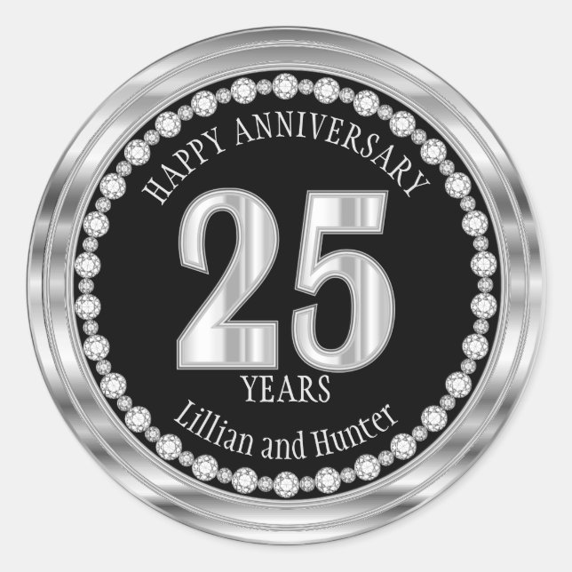 Silver  and Black - 25 Years with Diamonds Classic Round Sticker (Front)