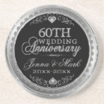 Silver And Black 60th Wedding Anniversary Coaster<br><div class="desc">Elegant silver tones circle frame black background, 60th wedding anniversary commemorative coaster. Customizable text. Diamonds and silver hearts. 60th Wedding Anniversary is text design with diamonds and silver look. If you like your name and year in the same font treatment, you need to email the designer. It is free and...</div>