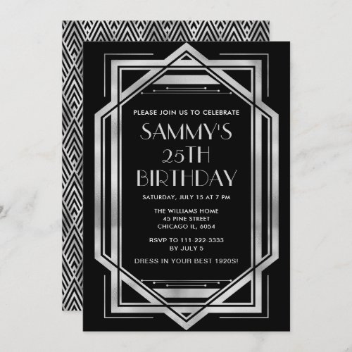 Silver and Black Art Deco Birthday Party Invitation