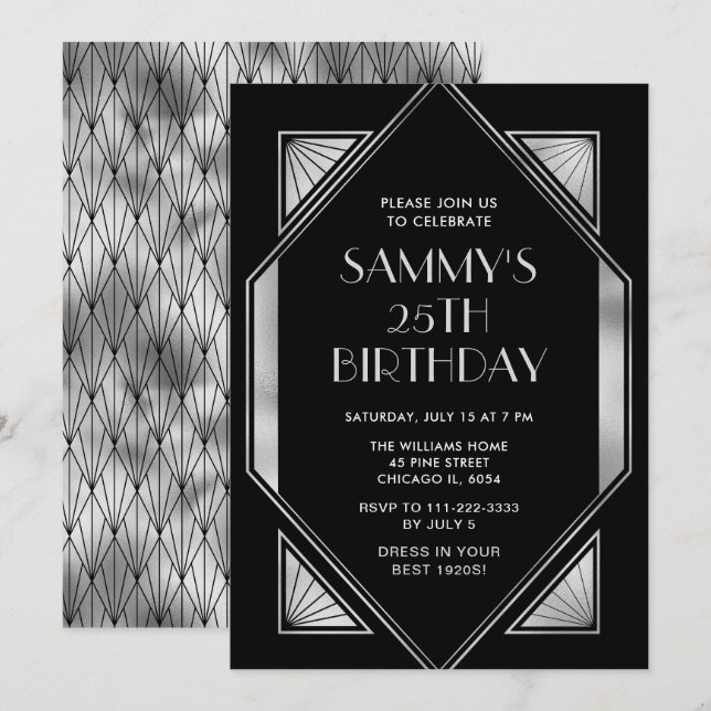 Silver and Black Art Deco Birthday Party Invitation (Front/Back)