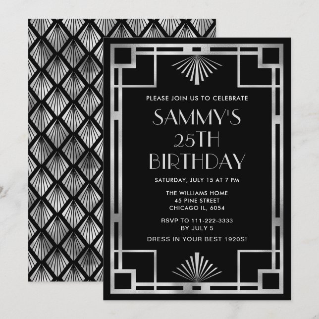 Silver and Black Art Deco Birthday Party Invitation (Front/Back)