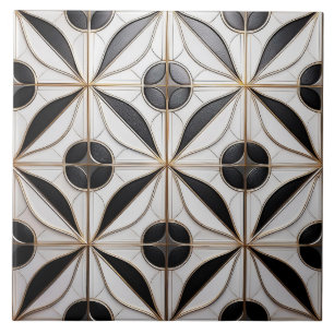 Silver and Black Art Deco Patterned Ceramic Tile. Ceramic Tile
