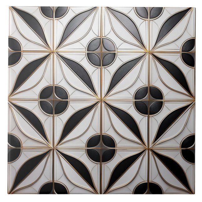 Silver and Black Art Deco Patterned Ceramic Tile. Tile (Front)