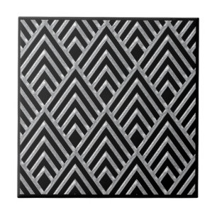 Silver and Black Art Deco Style Ceramic Tile