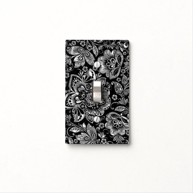 Silver And Black Baroque Floral Damasks Light Switch Cover (In Situ)