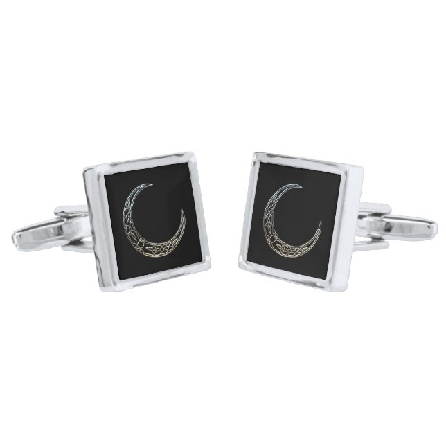 Silver And Black Celtic Crescent Moon Cufflinks (Angled)