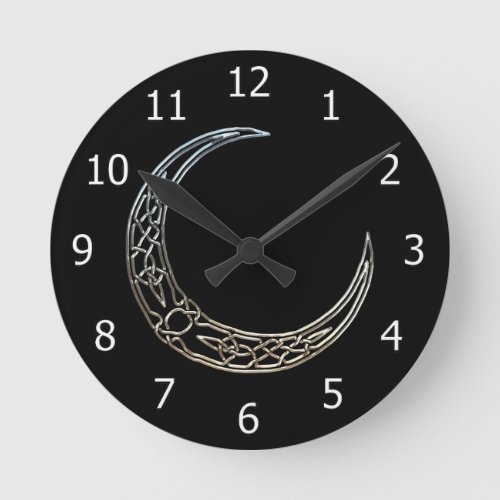 Silver And Black Celtic Crescent Moon Round Clock