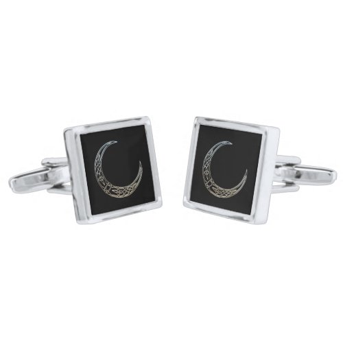 Silver And Black Celtic Crescent Moon Silver Cufflinks
