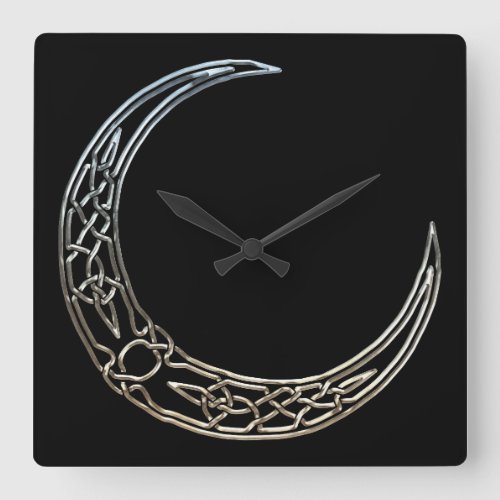 Silver And Black Celtic Crescent Moon Square Wall Clock