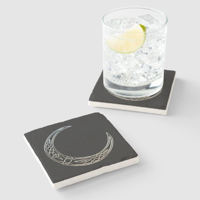Silver And Black Celtic Crescent Moon Stone Coaster (Side)